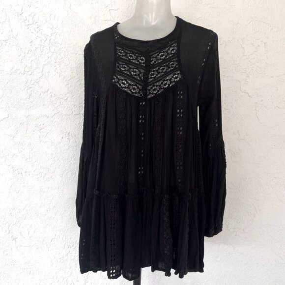 Free People Kiss Kiss Lace Inset Long Sleeve A-line Tunic Dress in Black XSmall - Picture 2 of 11